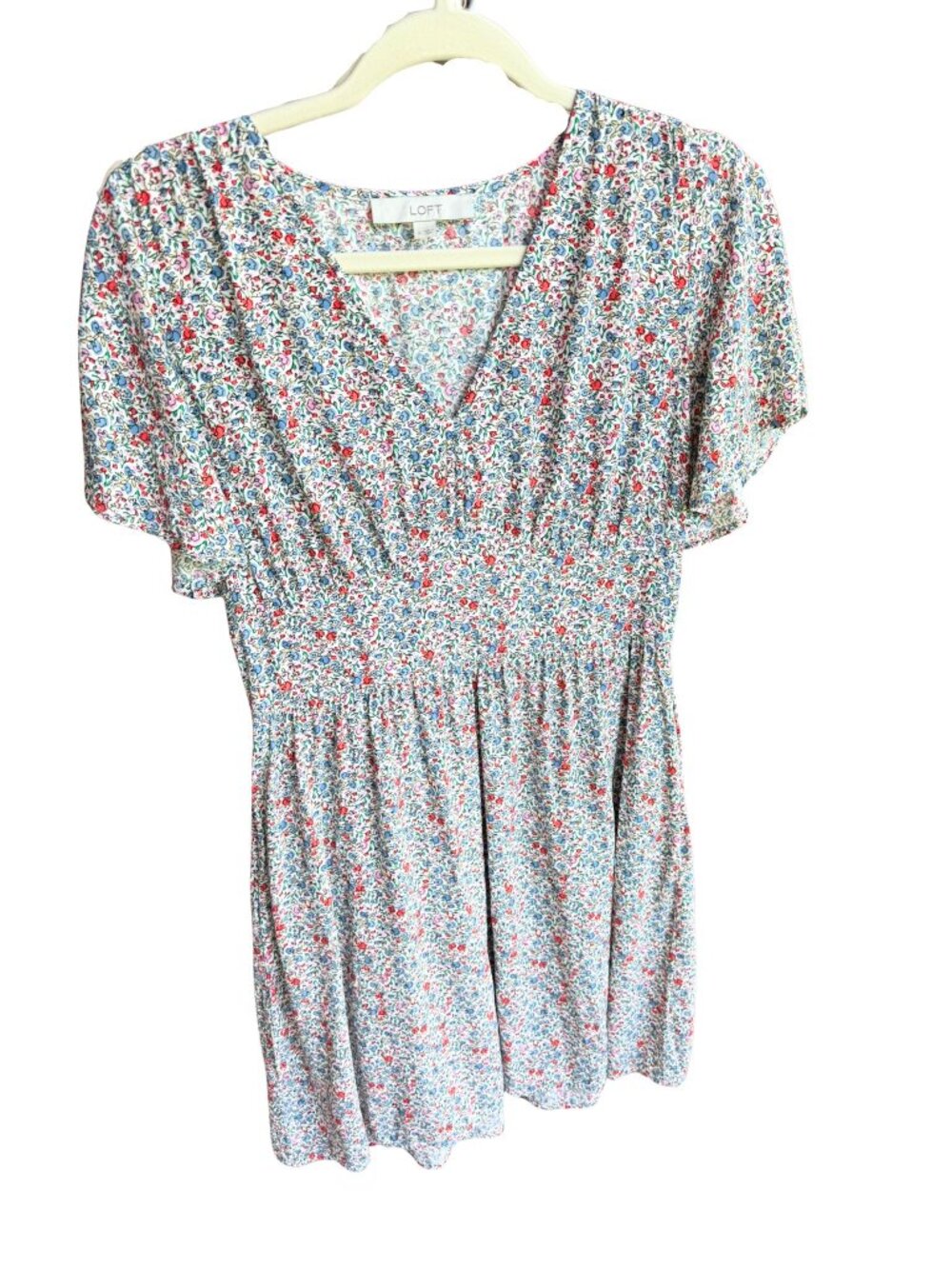 LOFT Floral Smocked Waist Mini Dress Size 6 | Short Sleeve V-Neck Cottagecore